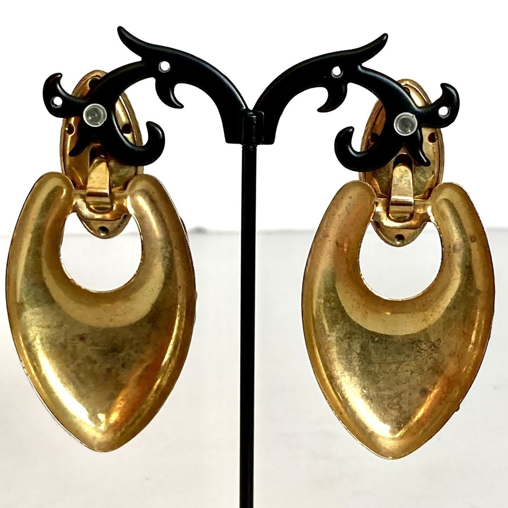Vintage 80s Gold Tone Colorful Door Knocker Earrings Green Red Purple Rhinestone - Picture 3 of 6